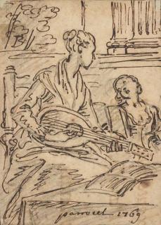 Joseph-Ignace Parrocel - Une jeune femme assise, tournée vers droite, jouant du luth, une jeune fille chantant à droite