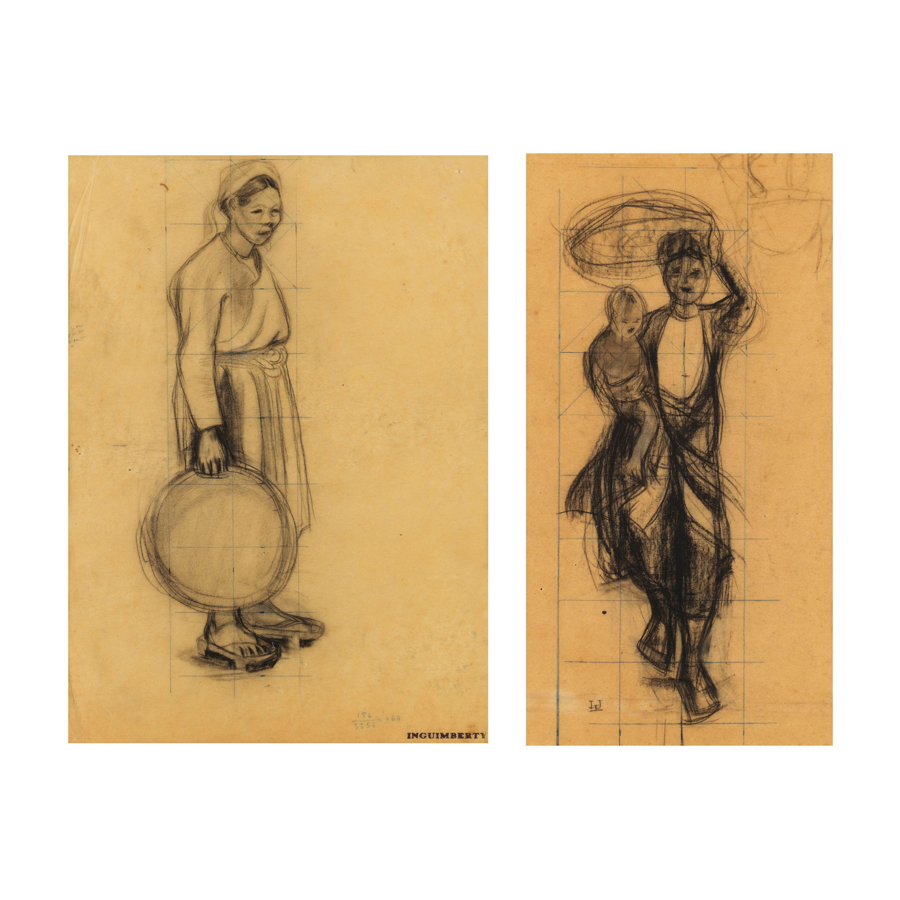 Joseph Inguimberty - Deux dessins de paysannes vietnamiennes