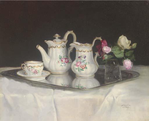 Joseph Jost - A Tea Set With A Vase of Roses