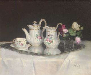 Joseph Jost - A Tea Set With A Vase of Roses