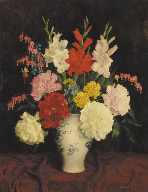 Joseph Jost - Gladioli, paeonies, carnations and fuchsias in a vase on a draped table