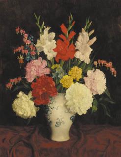 Joseph Jost - Gladioli, paeonies, carnations and fuchsias in a vase on a draped table