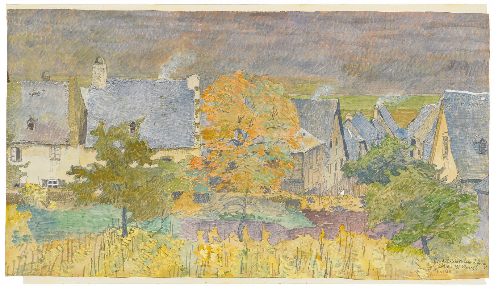 Joseph Kohlschein d.J. - Blick durch die Weinberge auf Alken an der Mosel.