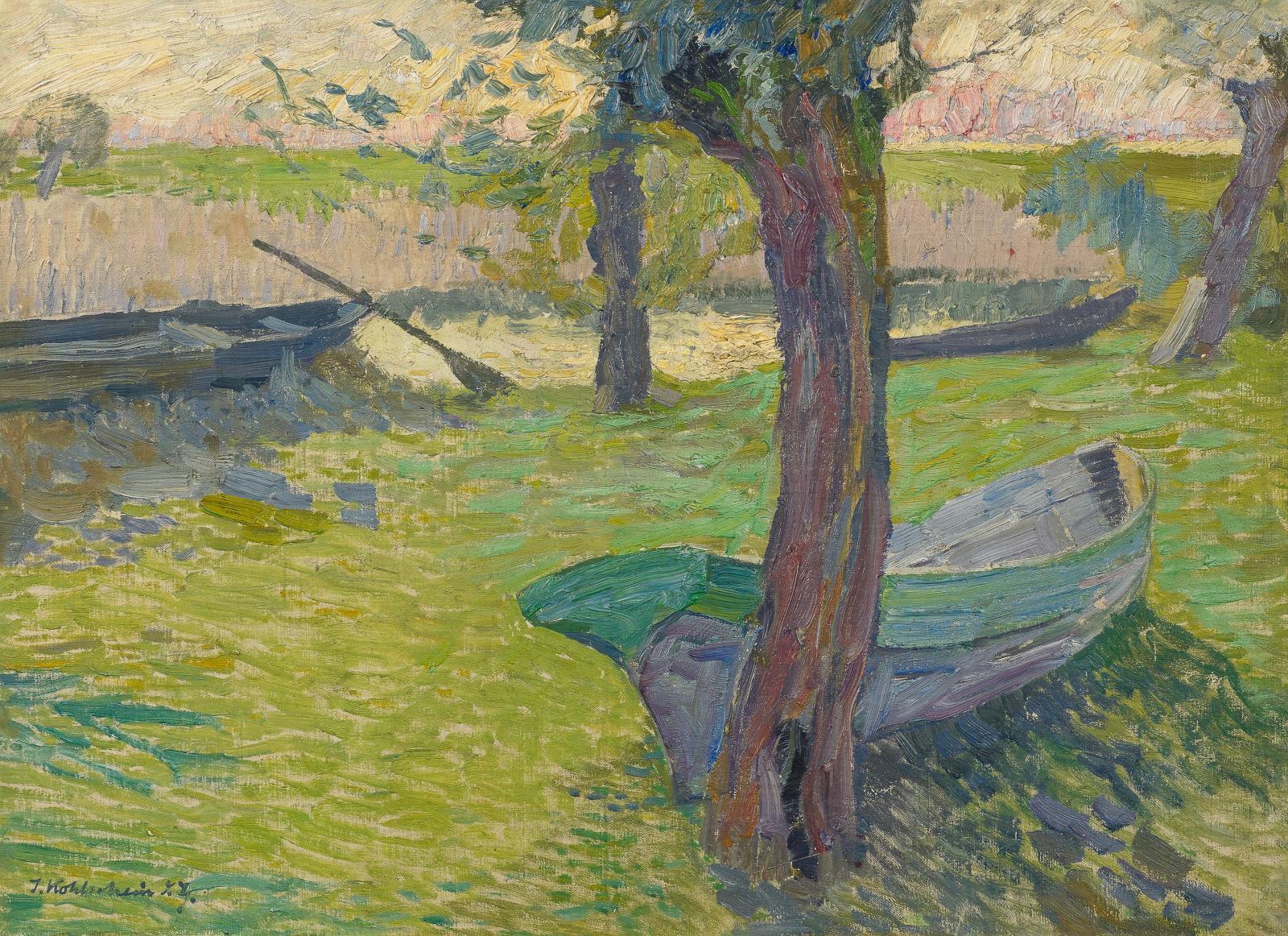 Joseph Kohlschein d.J. - Niederrheinlandschaft mit einem Boot unter Kopfweiden.