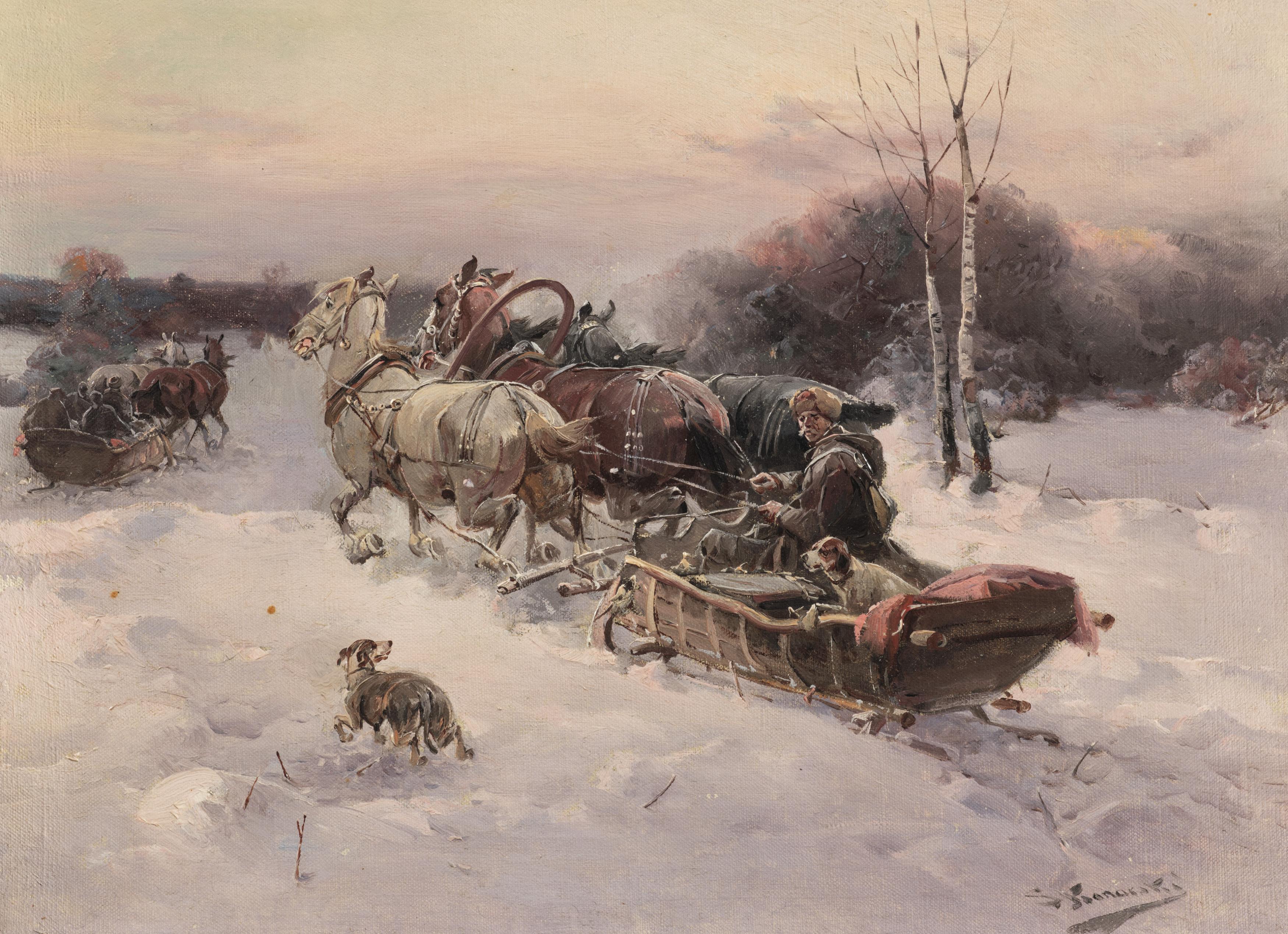 Joseph Konarski - Winterlandschaft mit Pferdeschlitten.