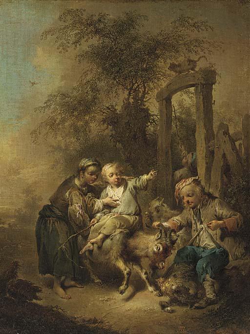 Joseph Konrad Seekatz - A young peasant family disporting with a billy goat in a farmyard