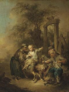 Joseph Konrad Seekatz - A young peasant family disporting with a billy goat in a farmyard