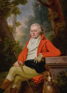 Joseph Kreutzinger - Portrait Of Prince Alexei Golitsyn With His Dog, Seated In A Wooded Landscape