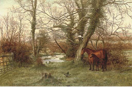 Joseph Langsdale Pickering, R.B.A., R.O.I. - A Mare And Foul In A Paddock Beside A Stream