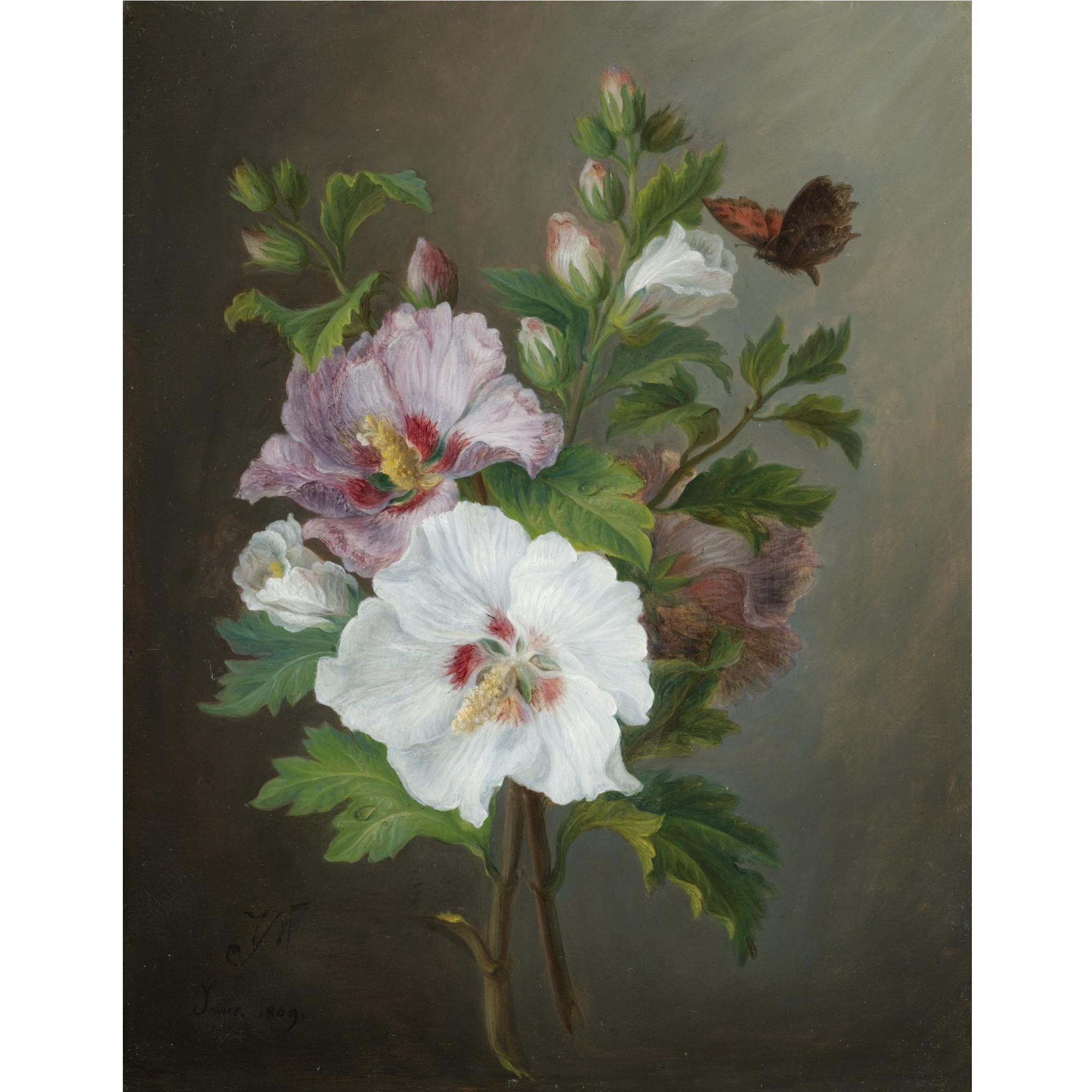 Joseph-Laurent Malaine - A Still Life Of A Bouquet Rose Of Sharon