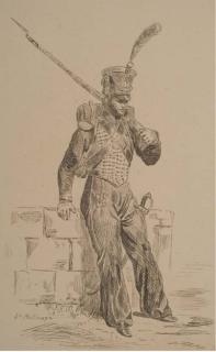 Joseph-Louis-Hippolyte Bellangé - Un Grenadier de Profil Pointant Son Fusil Vers la Droite; Et Un Hussard Appuyé Sur Un Muret