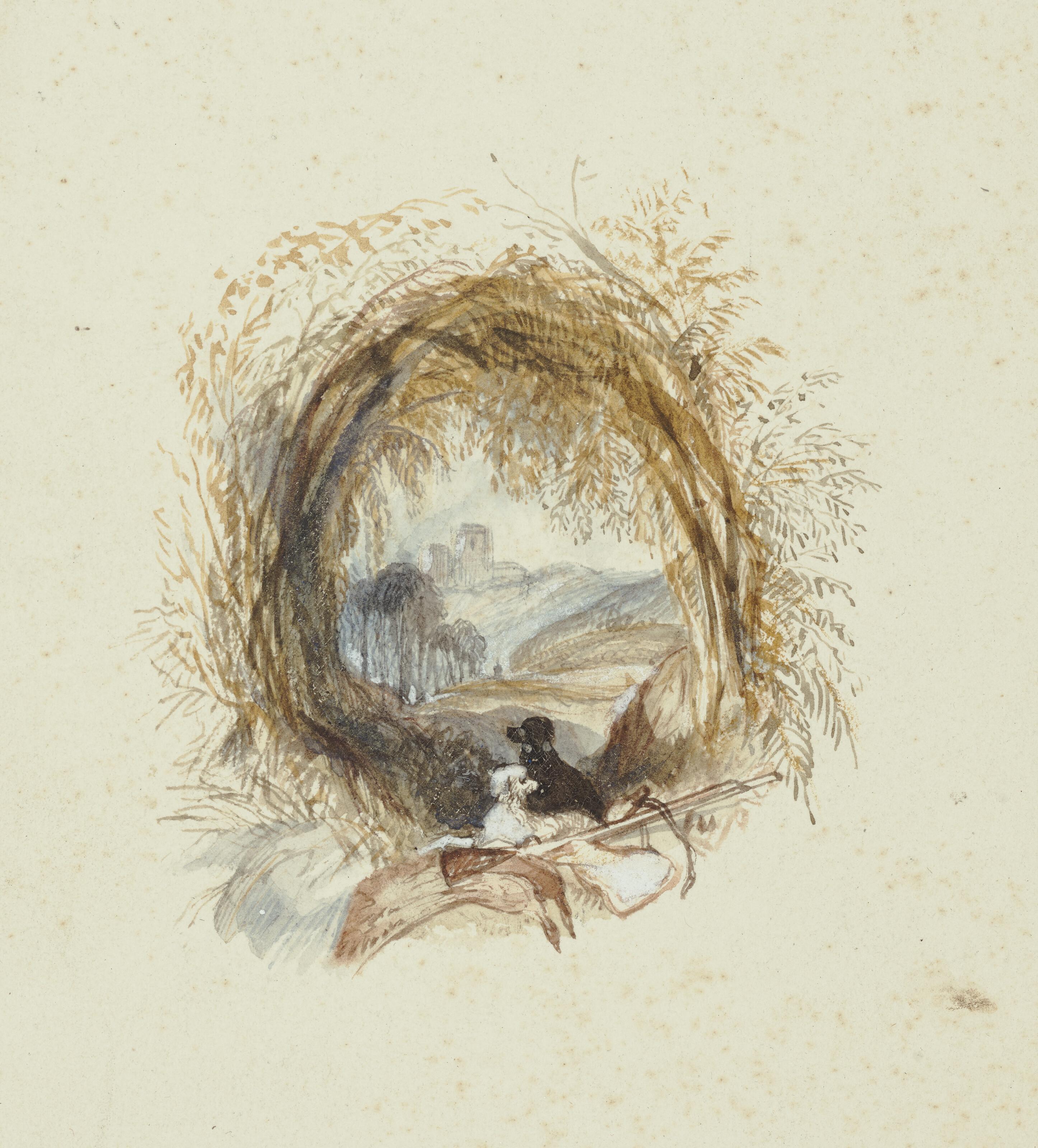 Joseph Mallord William Turner, R.A. - A distant view of Newark Castle: with a carriage on a road in the distance and dogs in the foreground, surrounded by a bower of trees