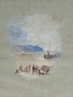Joseph Mallord William Turner, R.A. - Hasborough Sands: fisherfolk on the sands in the foreground, with stranded fishing boats beyond; the sun setting behind a promontory