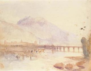 Joseph Mallord William Turner, R.A. - View of a town in an Alpine landscape with a bridge across a lake