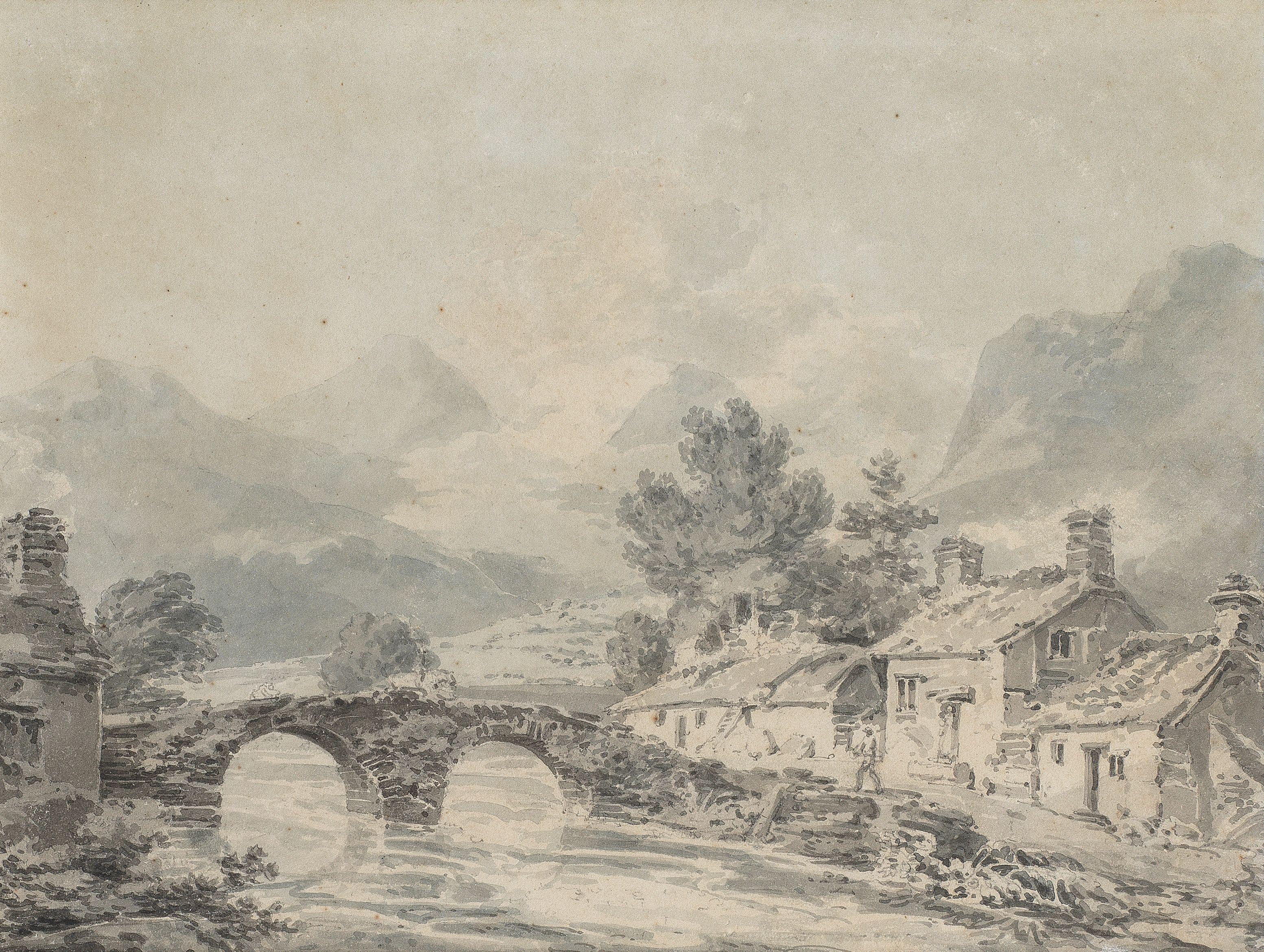 Joseph Mallord William Turner RA - A mountainous river landscape with a village by a bridge