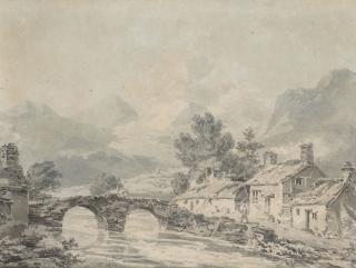 Joseph Mallord William Turner RA - A mountainous river landscape with a village by a bridge