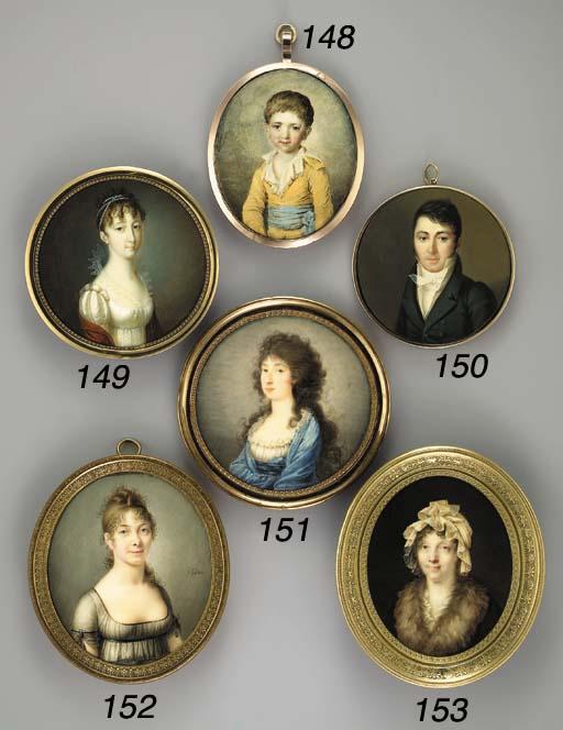 Joseph-Marie Bouton - A young lady, facing right in black-bordered diaphanous grey silk dress, her brown hair curled and upswept