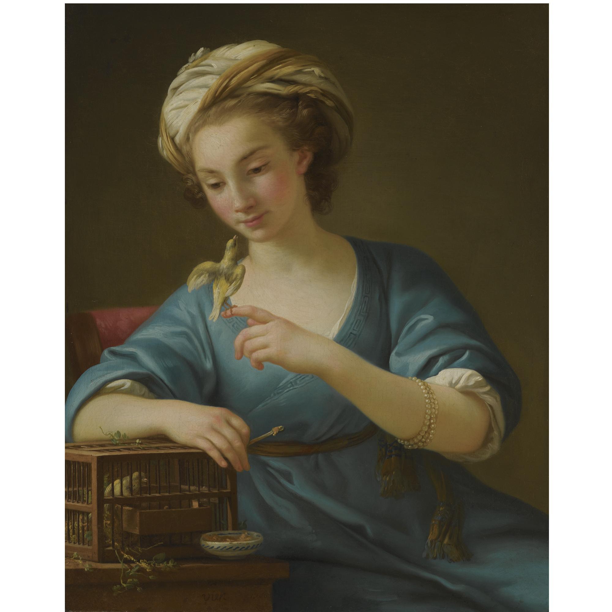 Joseph-Marie Vien - A Young Woman, Dressed À La Grecque, Holding A Canary On Her Outstretched Finger