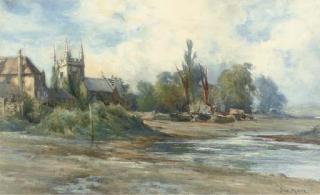Joseph Milne - A Church Beside A River Bank At Low Tide