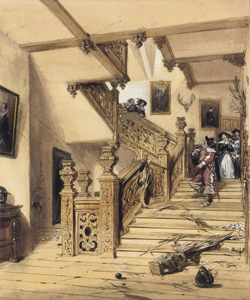 Joseph Nash, O.W.S. - A duel on the staircase of Aston Hall, Warwickshire, a scene from its siege during the Civil War (illustrated); and A figure with a King Charles spaniel in the courtyard of a gothic house