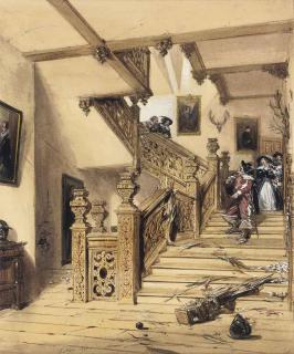 Joseph Nash, O.W.S. - A duel on the staircase of Aston Hall, Warwickshire, a scene from its siege during the Civil War (illustrated); and A figure with a King Charles spaniel in the courtyard of a gothic house