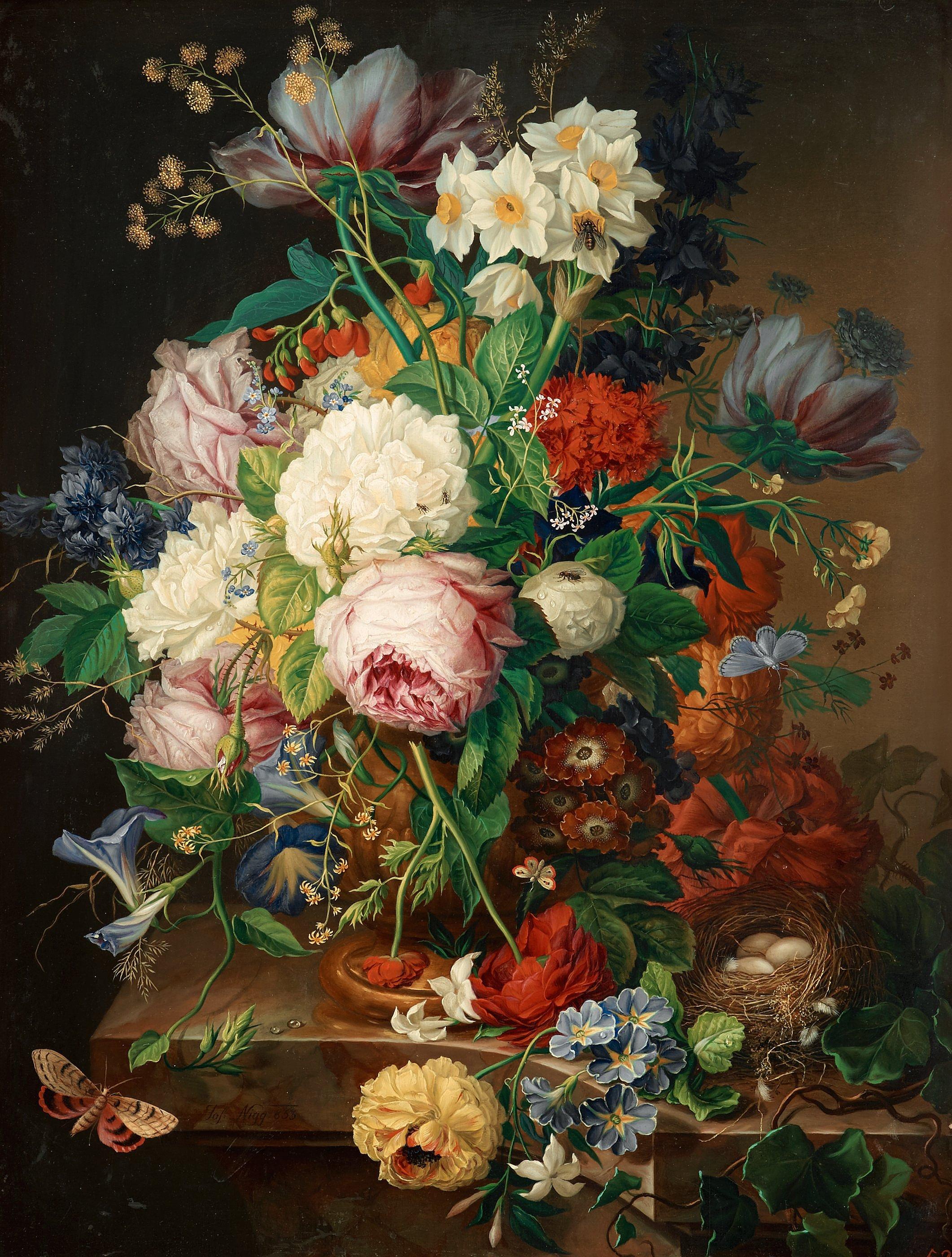 Joseph Nigg - Still life with roses, forget-me-not, poppies, hyacinths, butterflies and a bird\'s nest