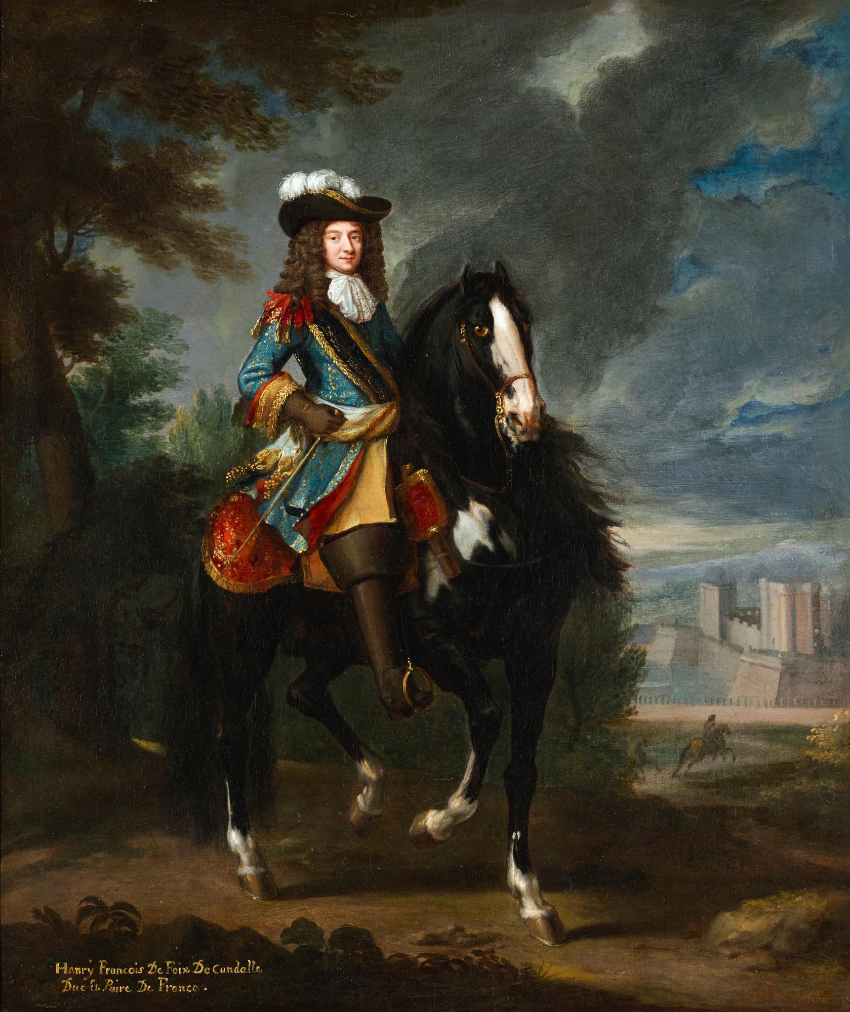Joseph Parrocel - An Equestrian Portrait Of Henri François De Foix De Candalle (1640-1714), In An Extensive Landscape, Before A Fortified Castle, Possibly Chateau De Vincennes