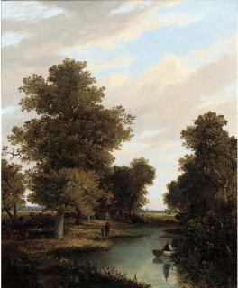 Joseph Paul - Figures in a wooded river landscape