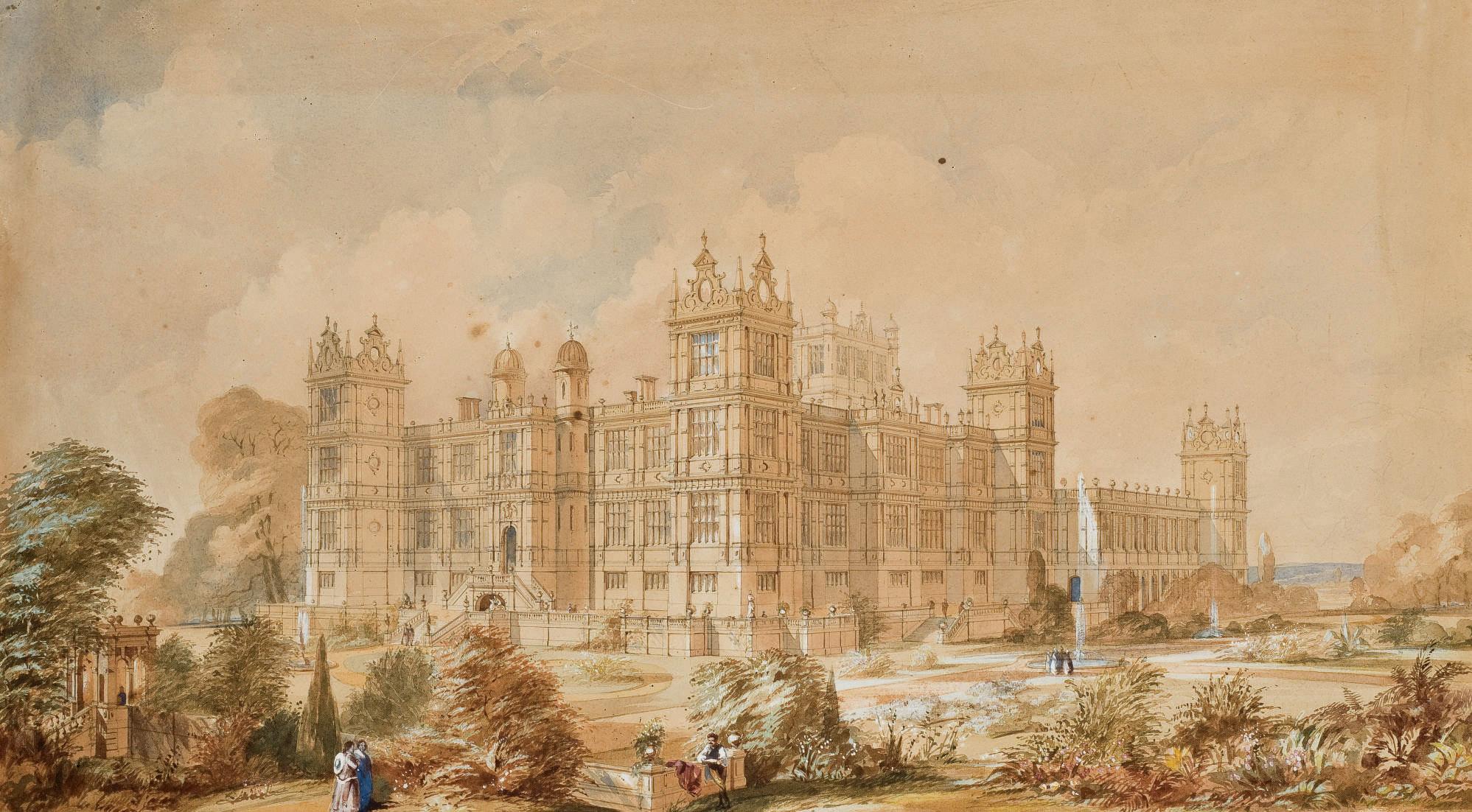 Joseph Paxton - Vue des façades d\'honneur (nord) et ouest du château de Ferrières