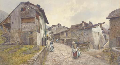 Joseph Pedder, R.I. - An Alpine village with a mother and her child returning home