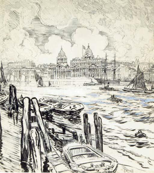 Joseph Pennell - A view of a city from the river