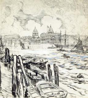 Joseph Pennell - A view of a city from the river