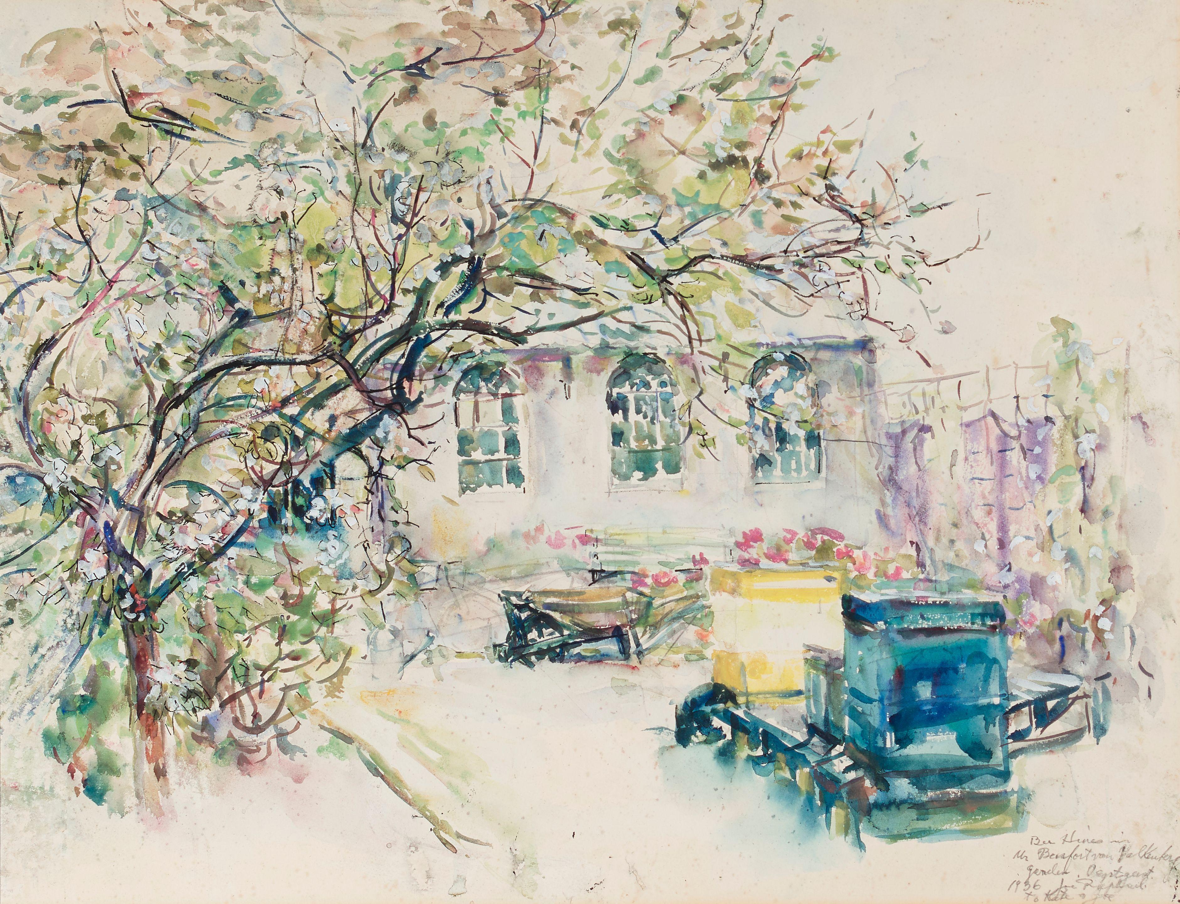 Joseph Raphael - Beehives in Mr. Beaufort von Valkenberg\'s Garden, Oegstgeest (Netherlands) sight 16 3/4 x 21 3/4 in. framed 30 1/2 x 34 1/2 in.