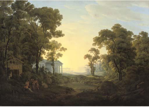 Joseph Rebell - A Wooded Landscape With Figures In Ancient Dress By A Classical Temple, Other Classical Buildings Beyond