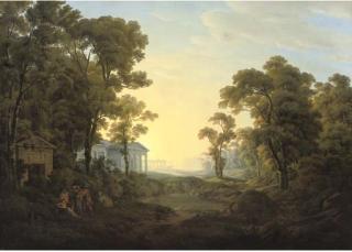 Joseph Rebell - A Wooded Landscape With Figures In Ancient Dress By A Classical Temple, Other Classical Buildings Beyond
