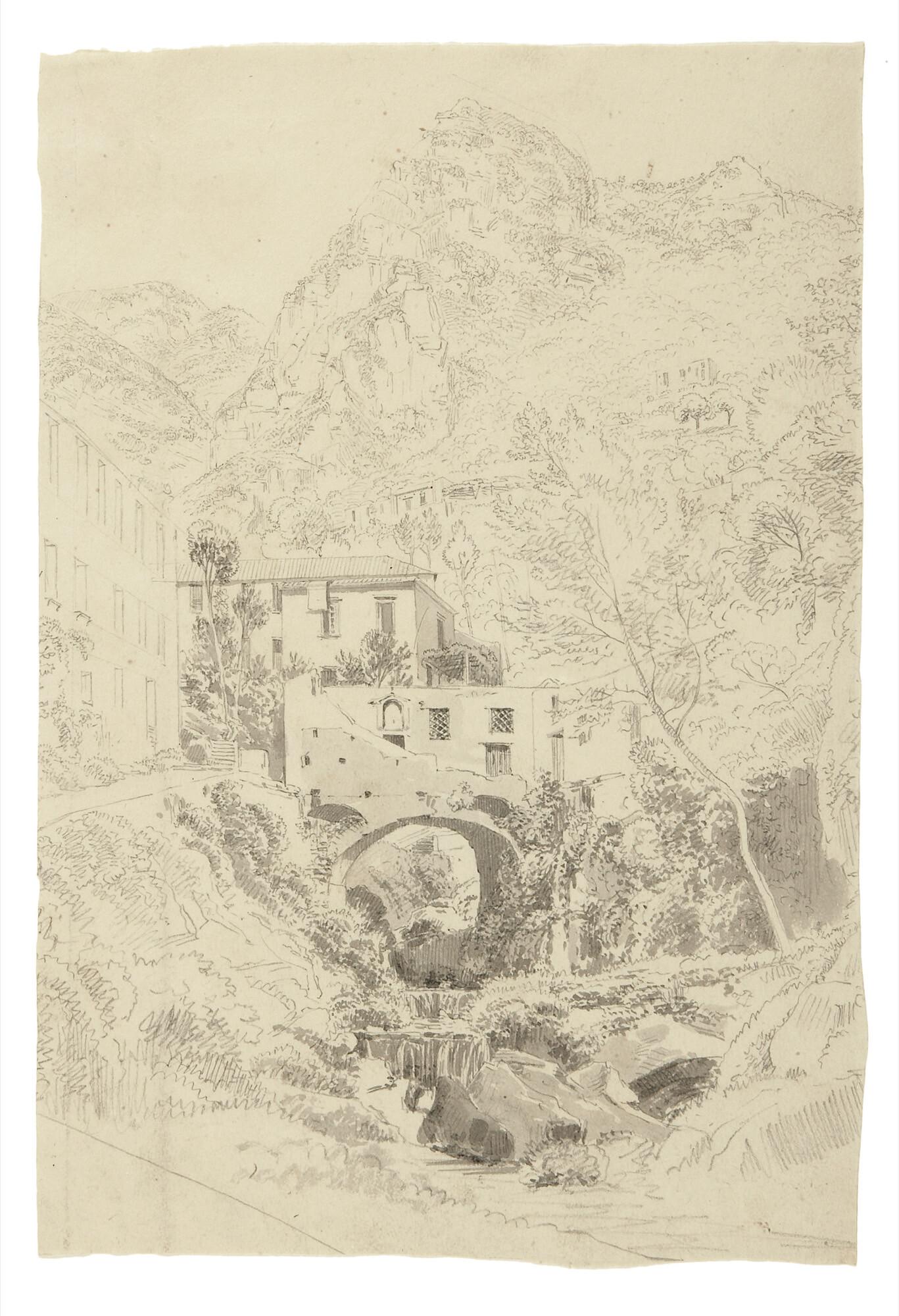 Joseph Rebell - Italienische Gebirgslandschaft mit Häusern und Wasserfall.