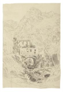 Joseph Rebell - Italienische Gebirgslandschaft mit Häusern und Wasserfall.