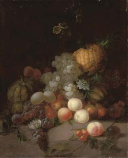 Joseph Rhodes - A pineapple, a watermelon, grapes, pears, peaches and other fruits with flowers on a stone ledge