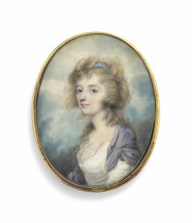 Joseph Saunders - A Young Lady Called Mrs Radcliffe, In White Dress With Fichu, Lilac Surcoat, Pale Blue Ribbon In Her Powdered Curling Hair; Sky Background Signed With Intials \'Is\' (Lower Right)