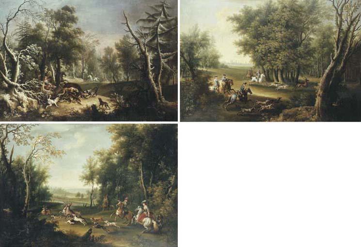 Joseph Stephan - A boar hunt in winter; A stag hunt; and A stag hunt: the kill