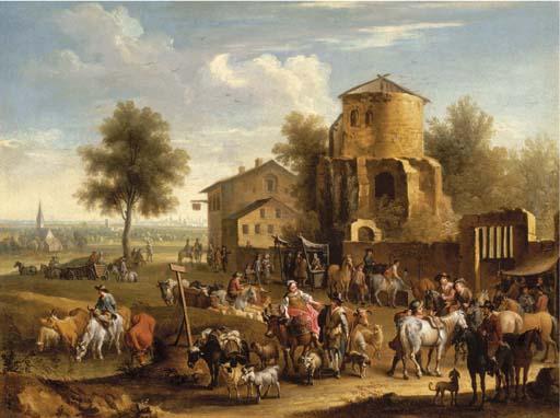 Joseph Stephan - A market scene with a city in the distance