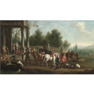 Joseph Stephan - An Elegant Hunting Party Resting By A Fountain