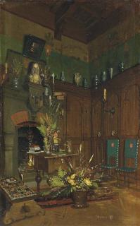 Joseph Theodore Hansen - Intérieur avec un bouquet de fleurs