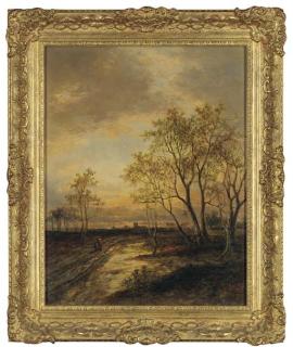 Joseph Thors - A Rural Landscape At Sunset With Figures On A Path