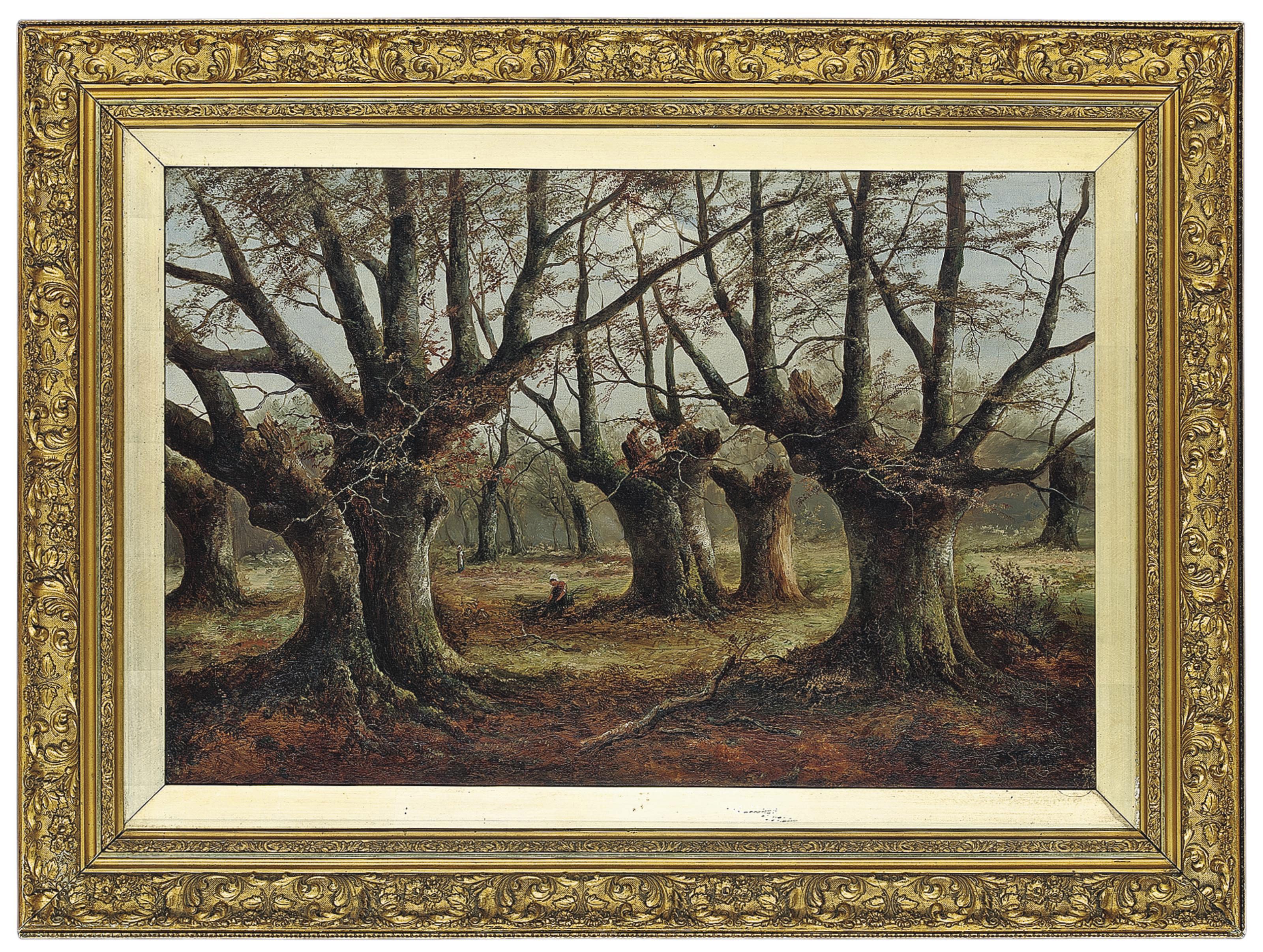 Joseph Thors - A wooded landscape with two figures gathering branches