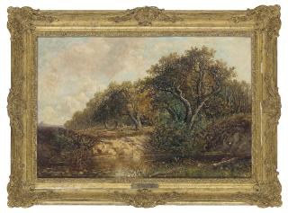 Joseph Thors - A wooded river landscape with faggot gatherers