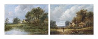 Joseph Thors - Figures before ducks on a pond; and A figure on a country path with chickens outside a cottage