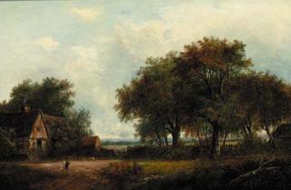 Joseph Thors - Figures by a cottage in a wooded landscape