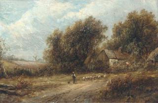 Joseph Thors - Shepherd And His Flock On A Track; And Figures At Work By A Cottage