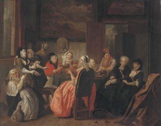 Joseph van Aken - A Merry Company Drinking And Smoking In An Interior